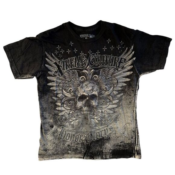 Xtreme Couture Affliction T Shirt Black Skull Skeleton All Over Print Sz Medium - Picture 2 of 11